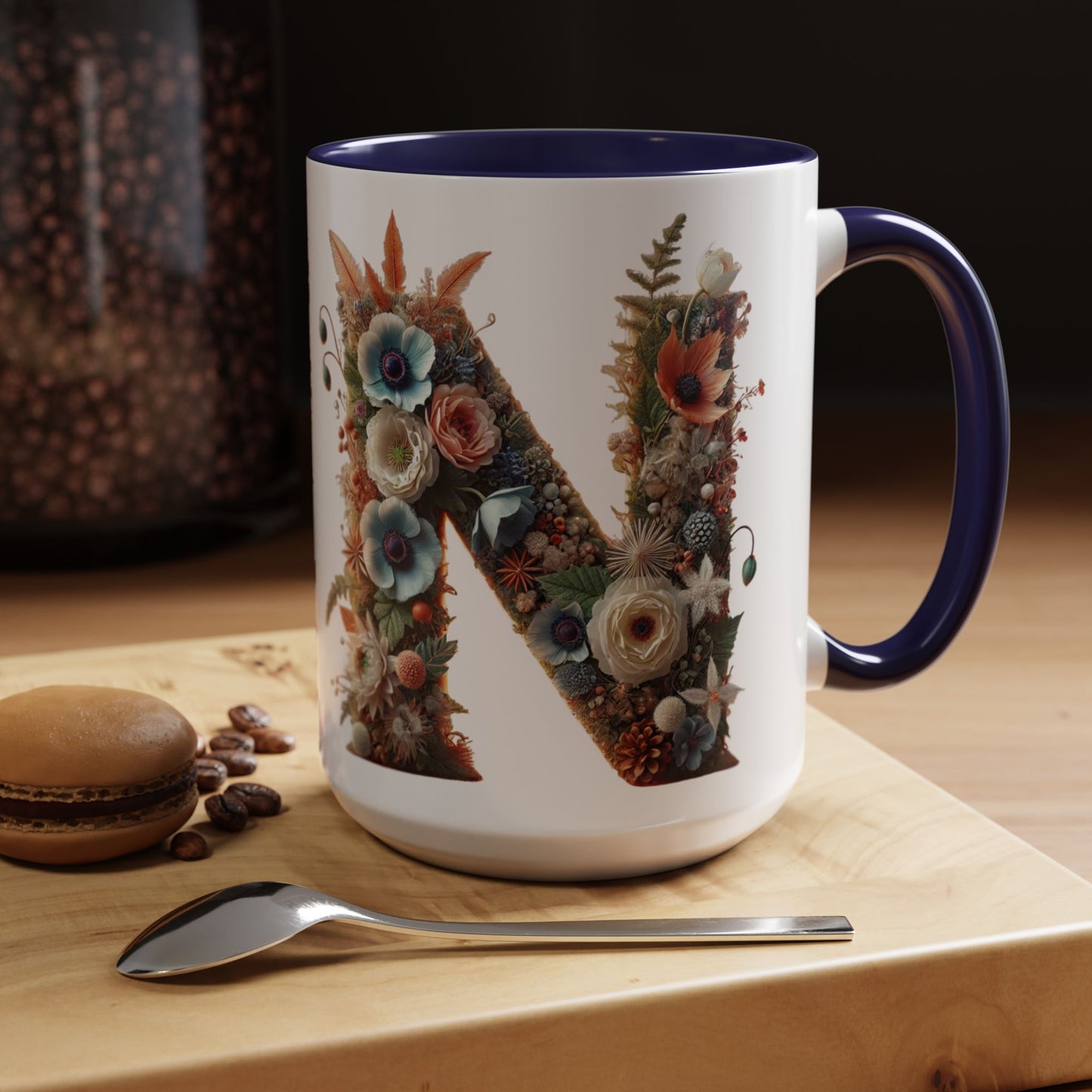 Floral Letter 'N' Accent Coffee Mug — Botanical Monogram Gift 15oz