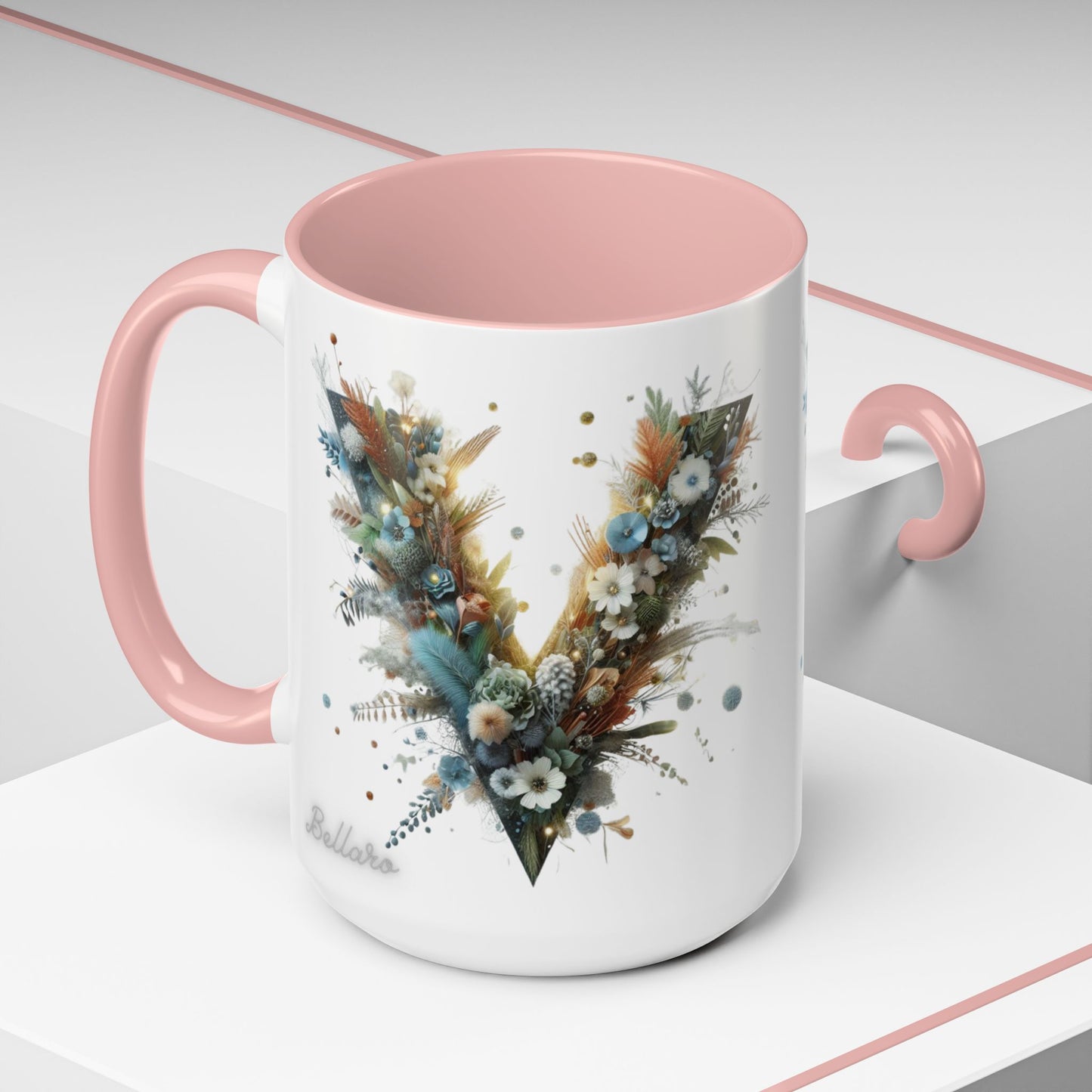 Artistic Letter 'V' Accent Coffee Mug — Botanical Initial Ceramic Mug 15 oz
