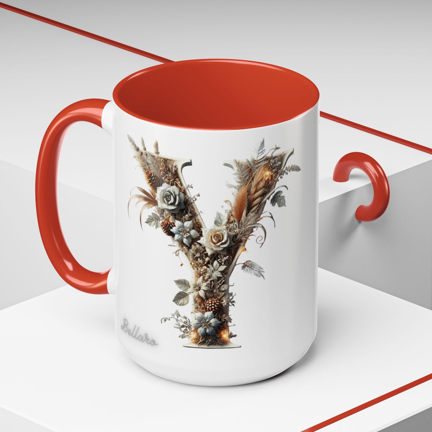 Artistic Monogram 'Y' Accent Coffee Mug — Elegant Botanical Initial Mug 15oz
