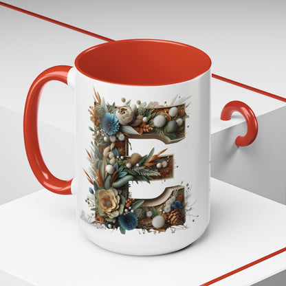 Artistic 'E' Letter Accent Coffee Mug – Botanical Initial Design 15oz