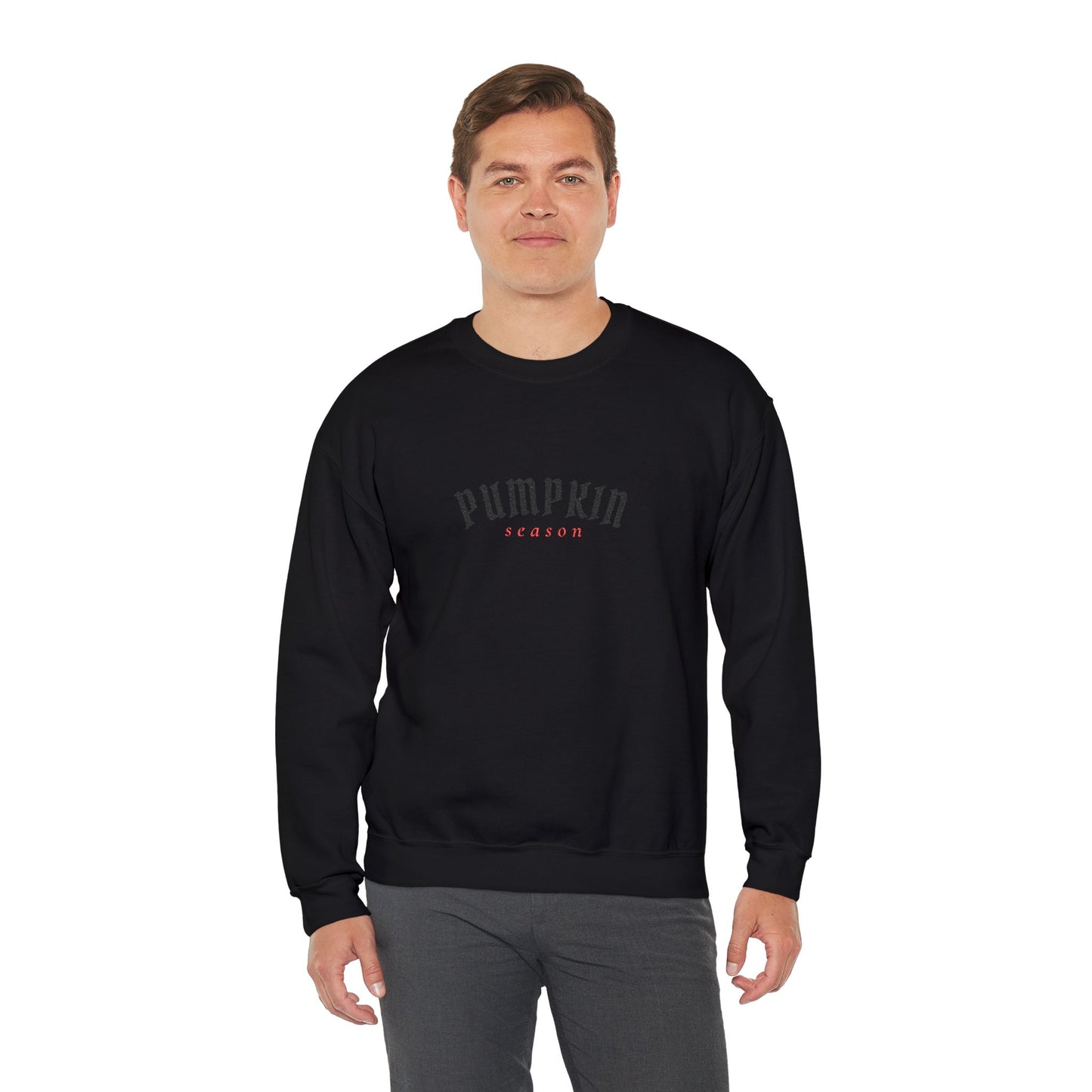 Crewneck Sweatshirt — Embroidered Black “Pumpkin Season” Fall Graphic