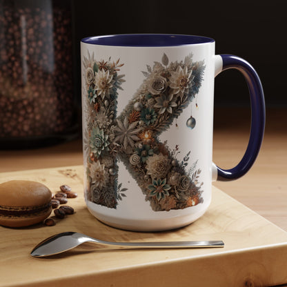 Floral Letter 'K' Accent Coffee Mug — Elegant Botanical Monogram Gift 15oz
