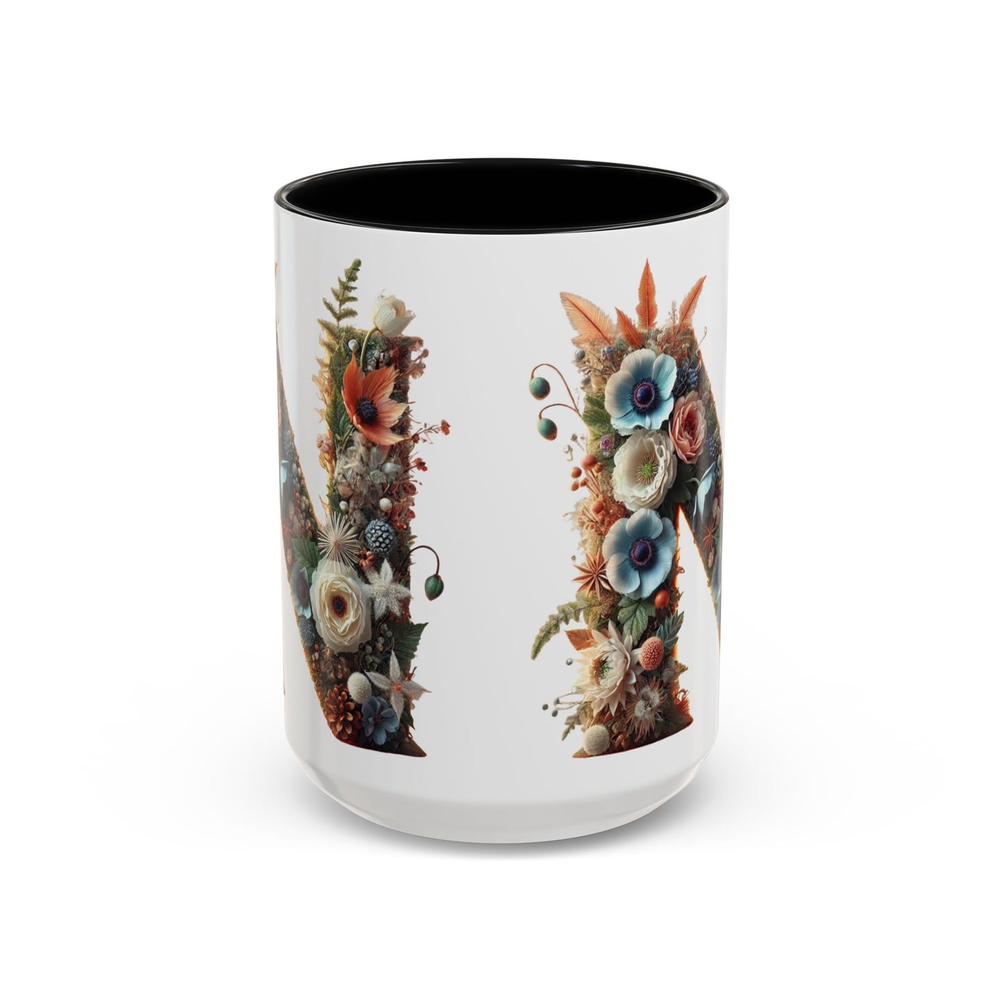 Floral Letter 'N' Accent Coffee Mug — Botanical Monogram Gift 15oz