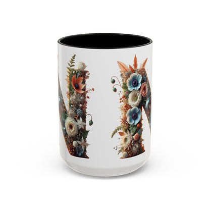 Floral Letter 'N' Accent Coffee Mug — Botanical Monogram Gift 15oz