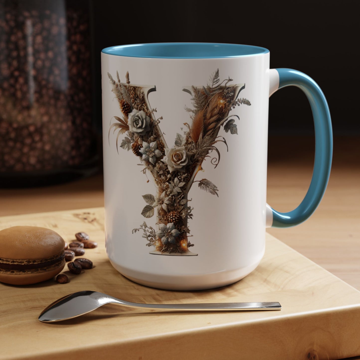 Artistic Monogram 'Y' Accent Coffee Mug — Elegant Botanical Initial Mug 15oz