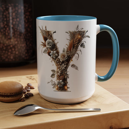 Artistic Monogram 'Y' Accent Coffee Mug — Elegant Botanical Initial Mug 15oz