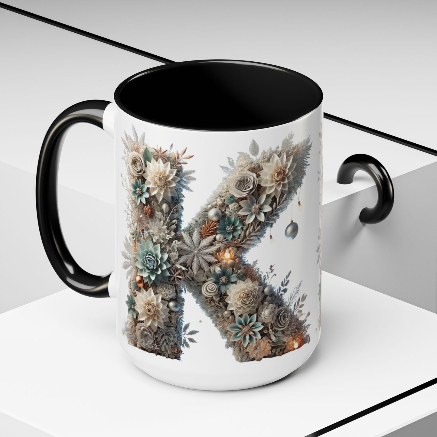 Floral Letter 'K' Accent Coffee Mug — Elegant Botanical Monogram Gift 15oz
