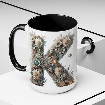 Floral Letter 'K' Accent Coffee Mug — Elegant Botanical Monogram Gift 15oz
