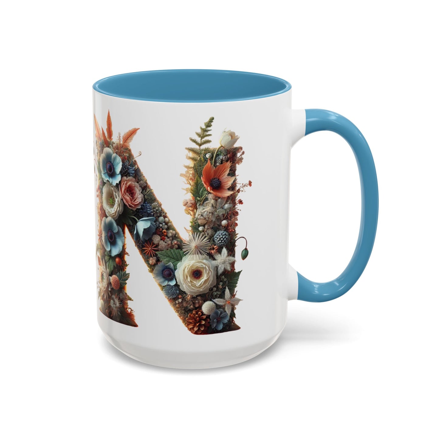 Floral Letter 'N' Accent Coffee Mug — Botanical Monogram Gift 15oz