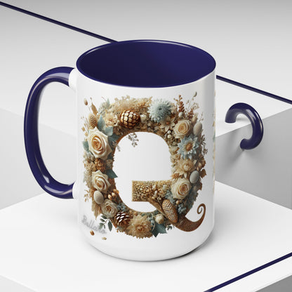 Floral Coffee Mug — Decorative 'Q' Monogram Accent Mug 15oz