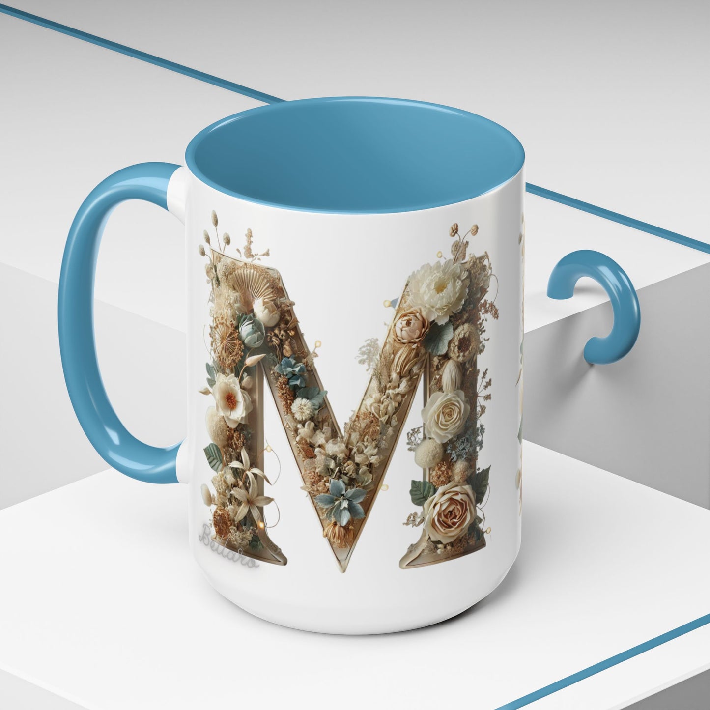 Floral Monogram 'M' Accent Coffee Mug — Rustic Botanical Initial Gift 15oz