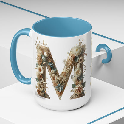 Floral Monogram 'M' Accent Coffee Mug — Rustic Botanical Initial Gift 15oz