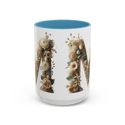 Floral Monogram 'M' Accent Coffee Mug — Rustic Botanical Initial Gift 15oz