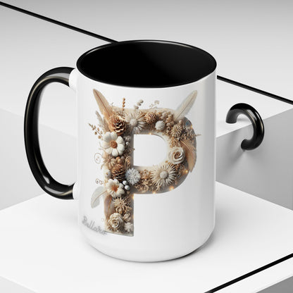 Earthy Letter 'P' Accent Coffee Mug — Botanical Initial Mug 15oz