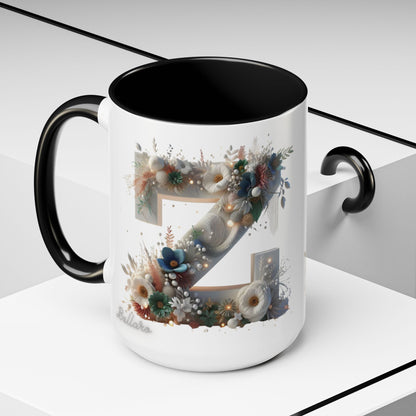 Floral Monogram 'Z' Accent Coffee Mug — 15oz Personalized Initial Mug