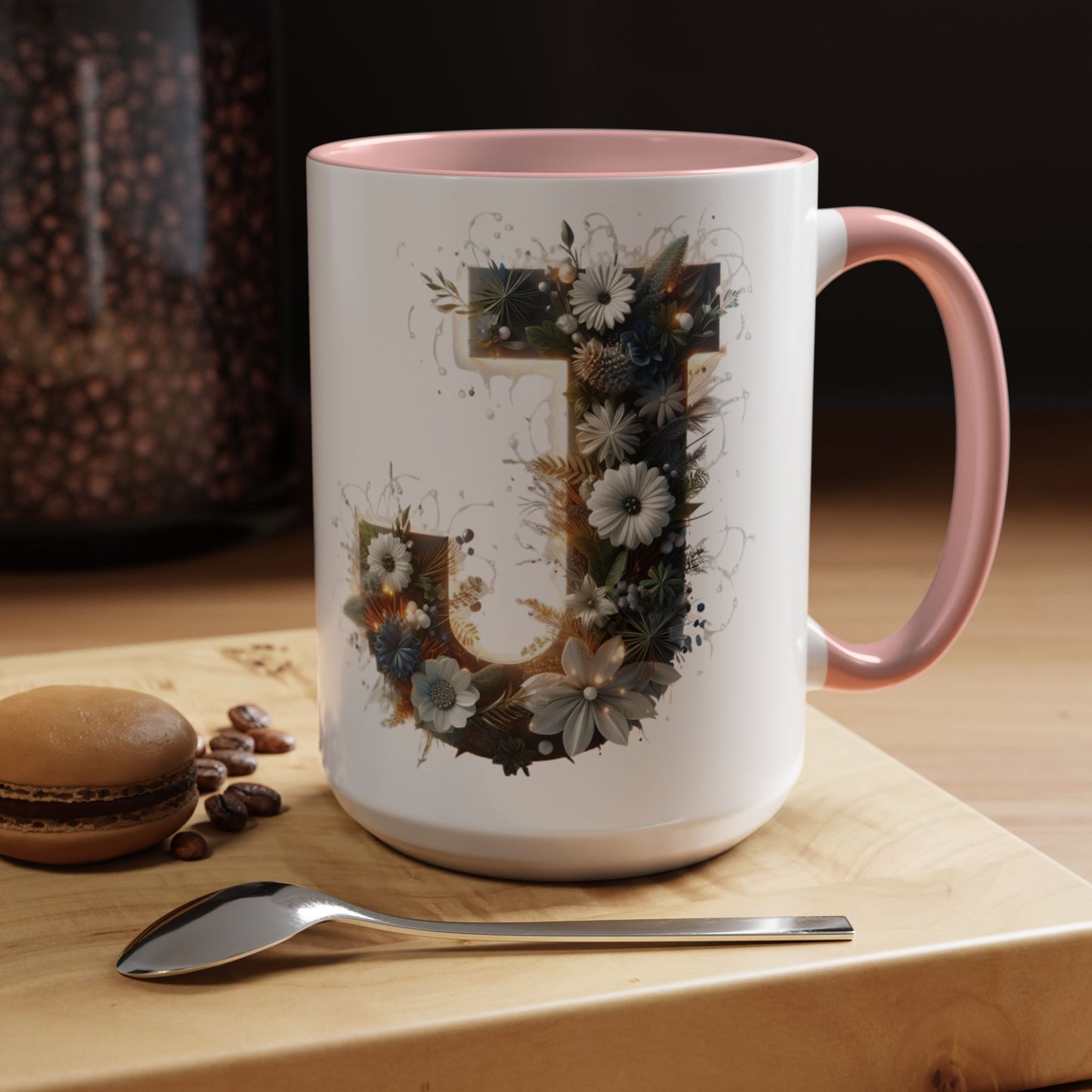 Floral Monogram Coffee Mug — Letter 'J' Accent Mug 15 oz