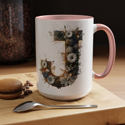 Floral Monogram Coffee Mug — Letter 'J' Accent Mug 15 oz