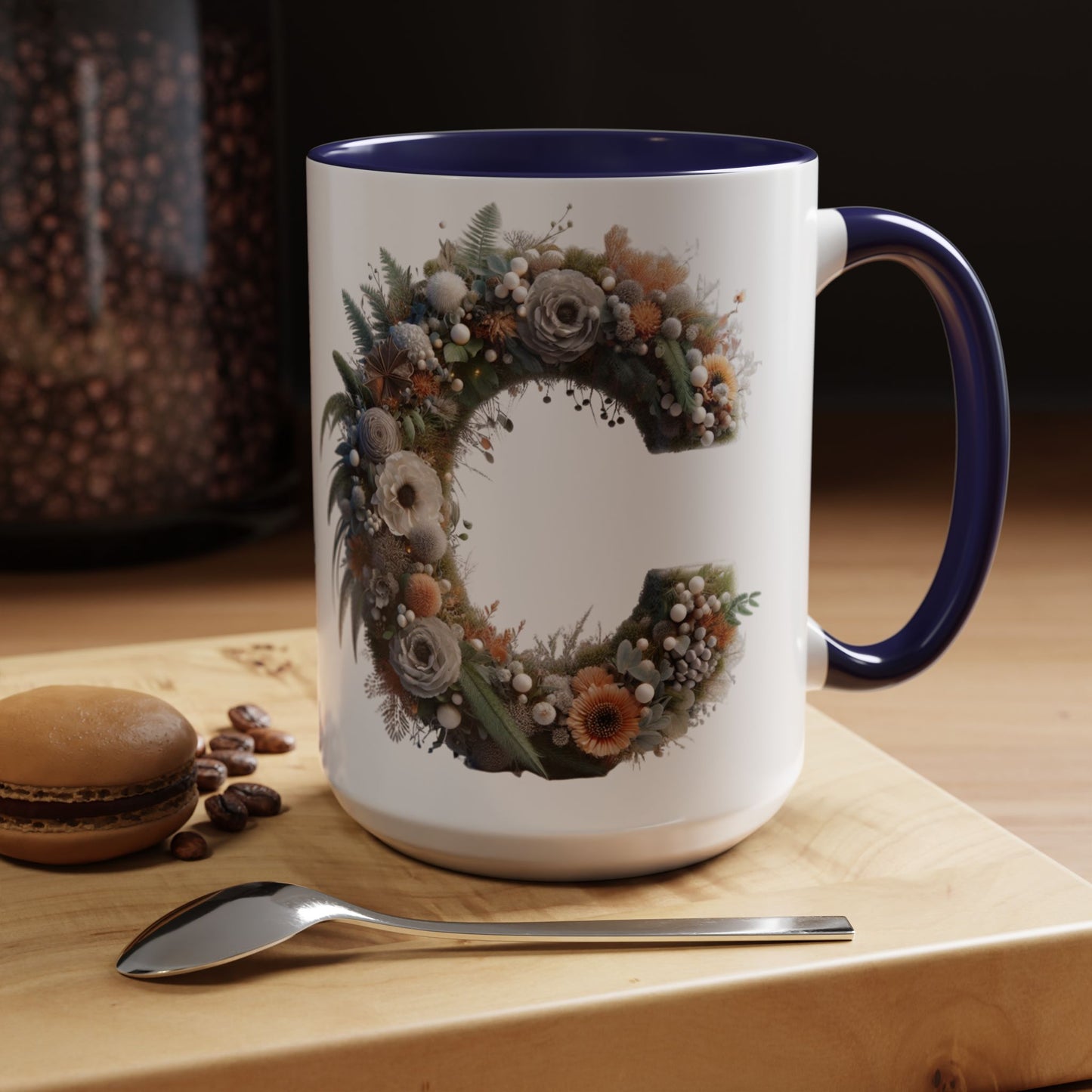 Floral Letter 'C' Accent Coffee Mug — Monogram Initial Ceramic Mug