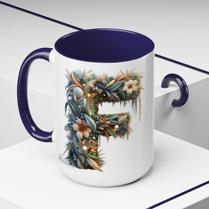 Floral Letter 'F' Accent Coffee Mug — Botanical Monogram 15oz