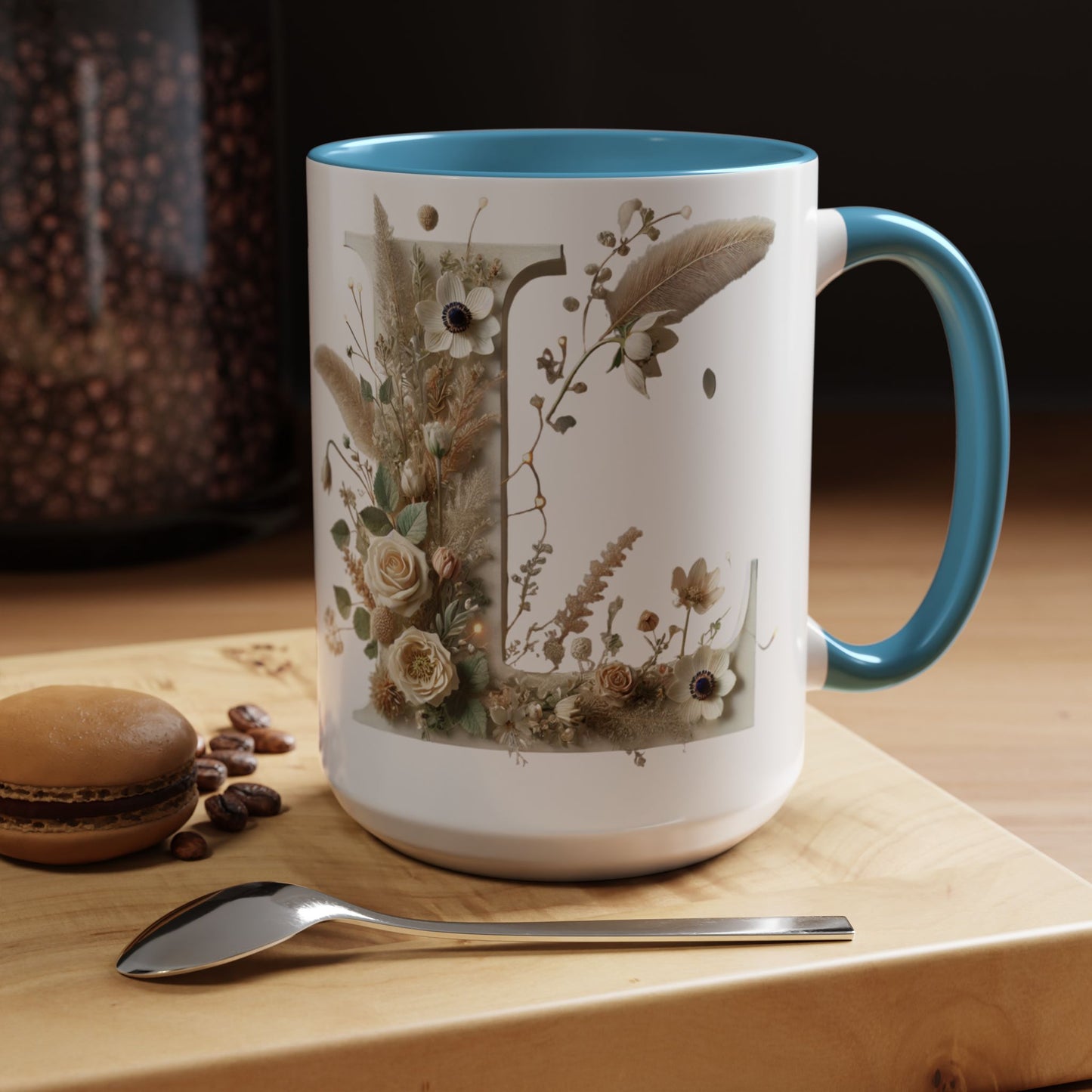 Boho 'L' Accent Coffee Mug — Neutral Dried Flowers Design 15oz