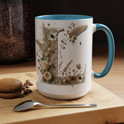 Boho 'L' Accent Coffee Mug — Neutral Dried Flowers Design 15oz