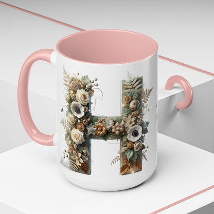 Floral Letter 'H' Accent Coffee Mug — Botanical Monogram Ceramic Mug