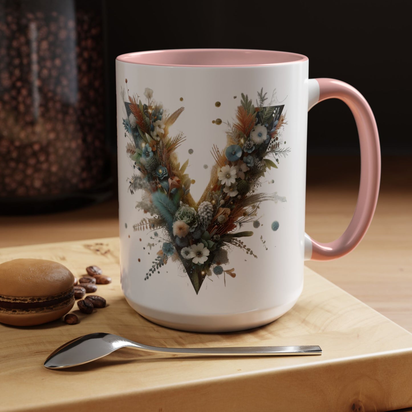 Artistic Letter 'V' Accent Coffee Mug — Botanical Initial Ceramic Mug 15 oz