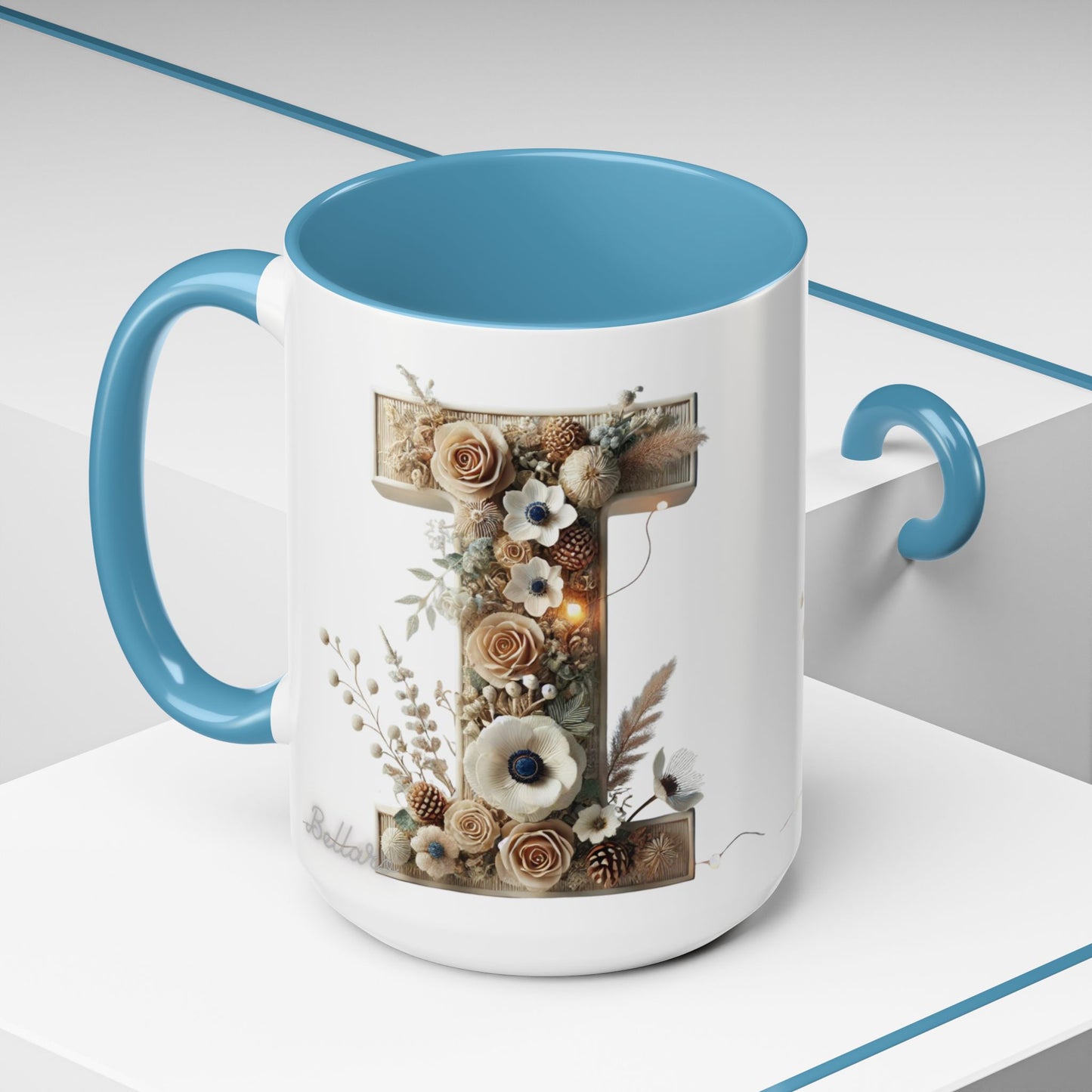 Artistic Letter 'I' Accent Coffee Mug — Rustic Monogram Initial Gift 15oz