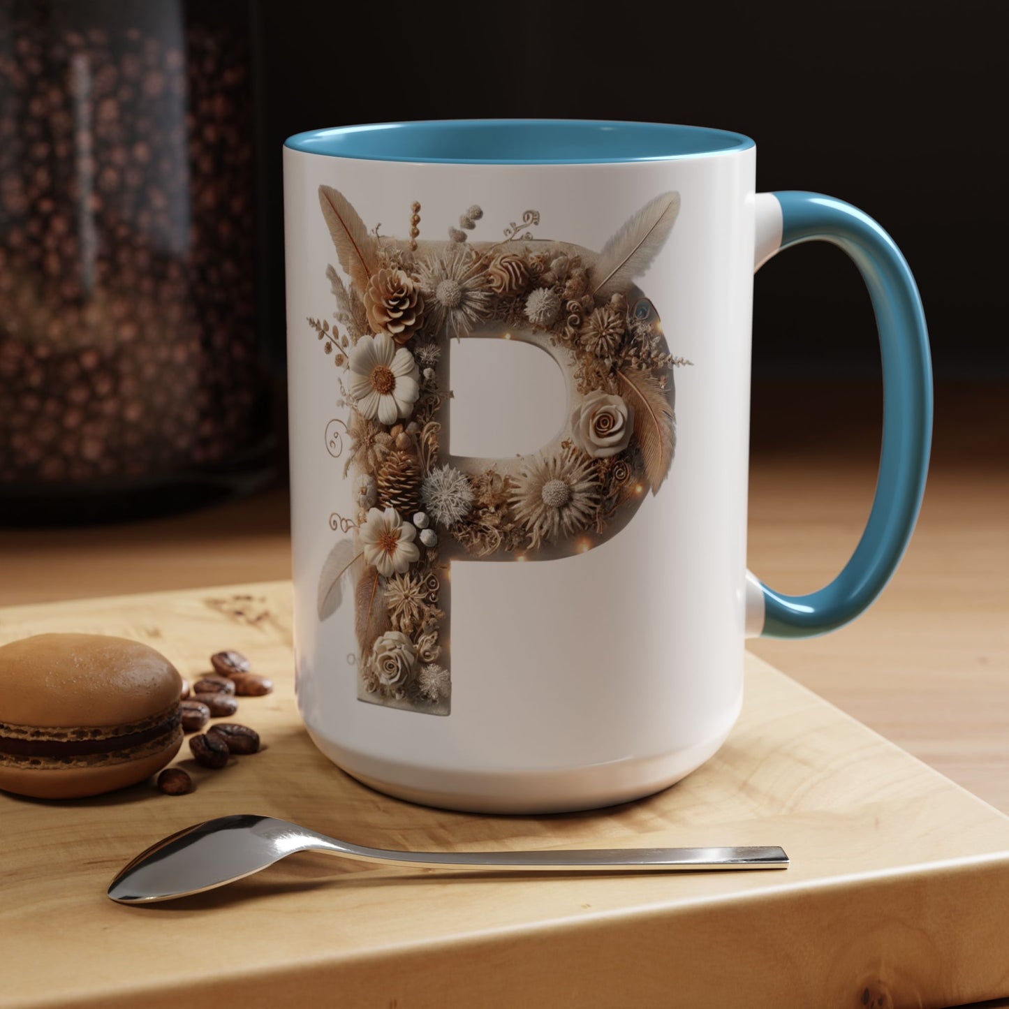 Earthy Letter 'P' Accent Coffee Mug — Botanical Initial Mug 15oz