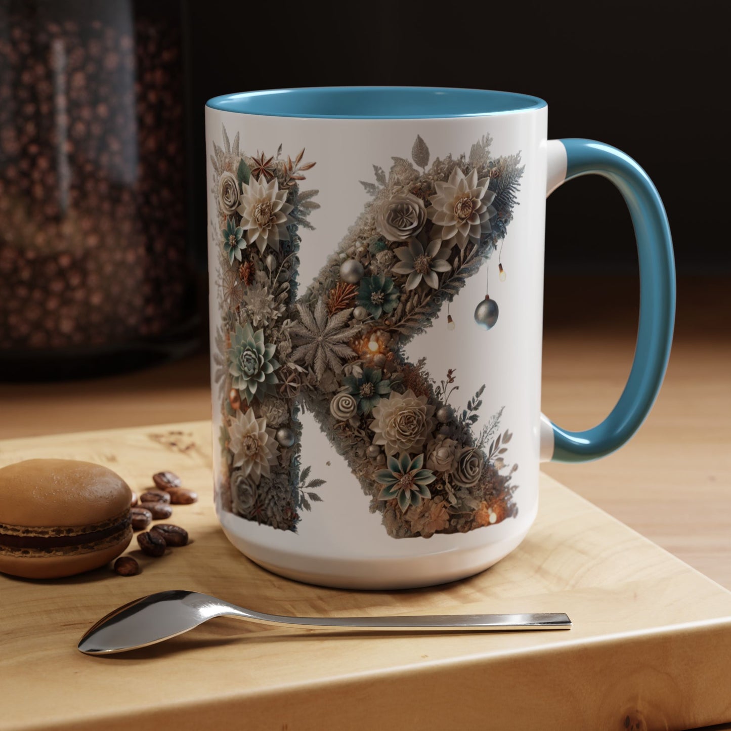 Floral Letter 'K' Accent Coffee Mug — Elegant Botanical Monogram Gift 15oz
