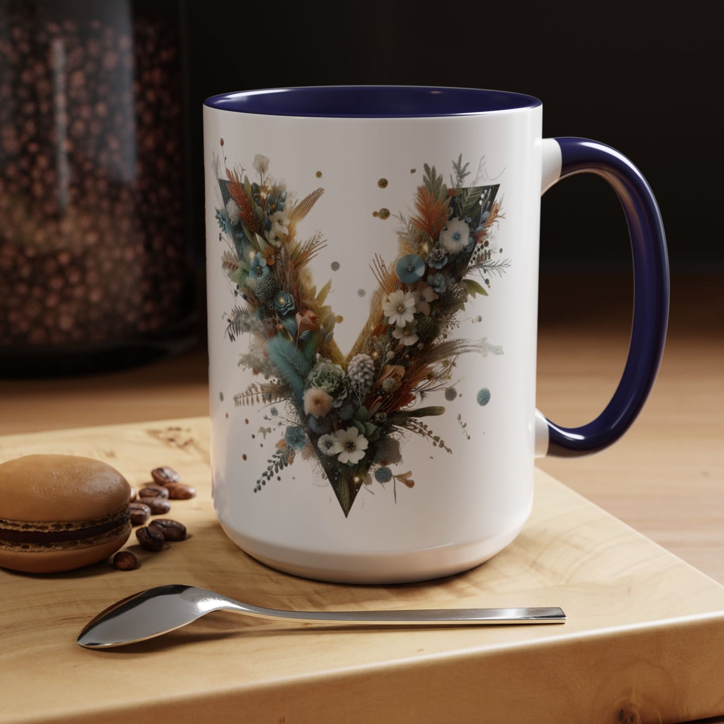 Artistic Letter 'V' Accent Coffee Mug — Botanical Initial Ceramic Mug 15 oz