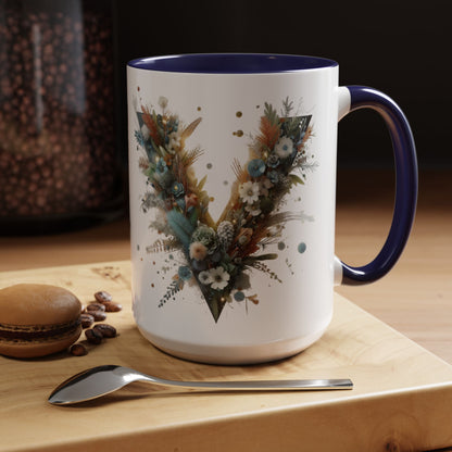 Artistic Letter 'V' Accent Coffee Mug — Botanical Initial Ceramic Mug 15 oz