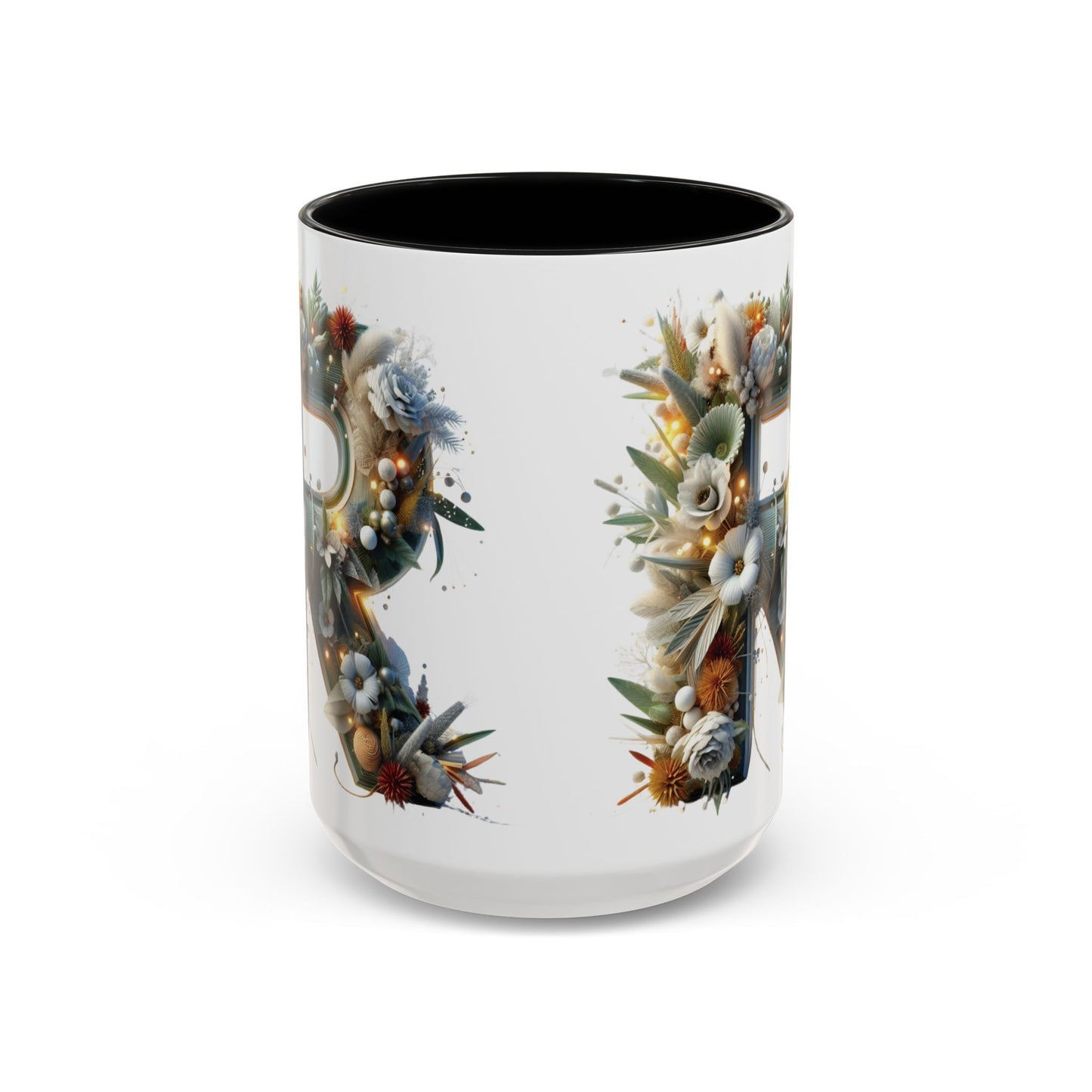 Personalized Monogram 'R' Artistic Floral Accent Coffee Mug 15oz