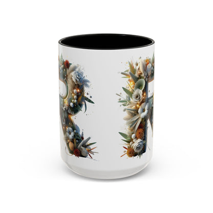 Personalized Monogram 'R' Artistic Floral Accent Coffee Mug 15oz