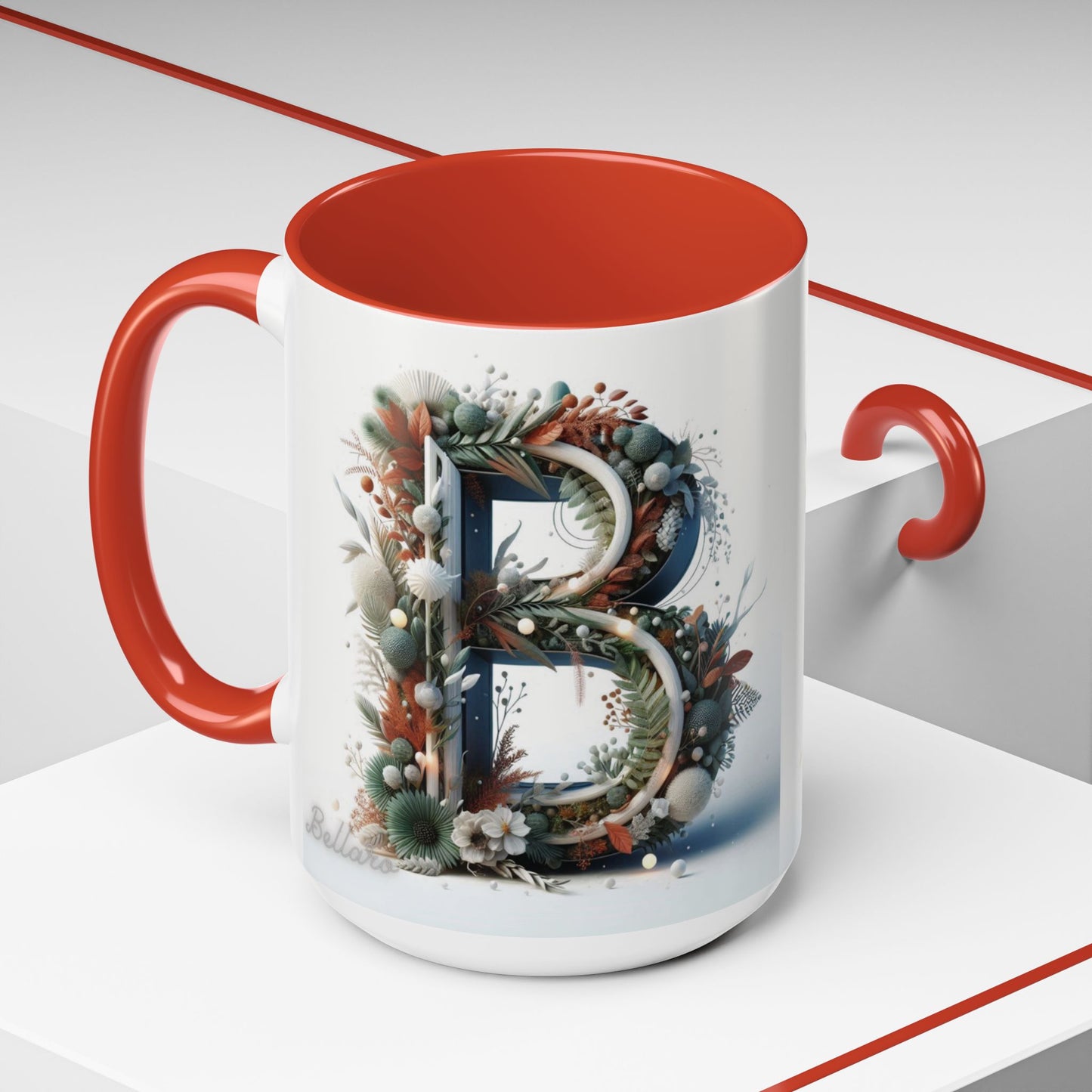 Monogram 'B' Accent Coffee Mug – Floral Holiday Initial 15oz