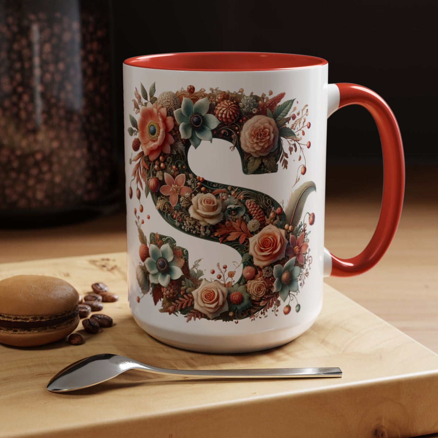 Floral Monogram 'S' Accent Coffee Mug – Vintage Rose Initial Mug 15oz