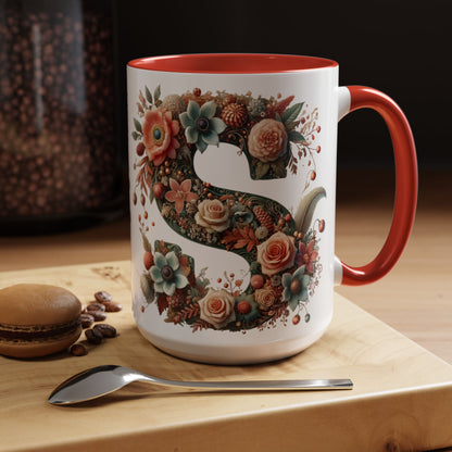 Floral Monogram 'S' Accent Coffee Mug – Vintage Rose Initial Mug 15oz