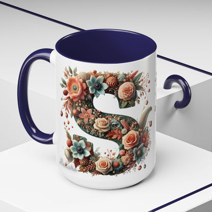 Floral Monogram 'S' Accent Coffee Mug – Vintage Rose Initial Mug 15oz
