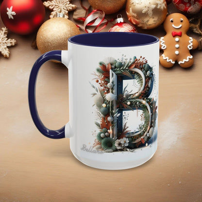Monogram 'B' Accent Coffee Mug – Floral Holiday Initial 15oz