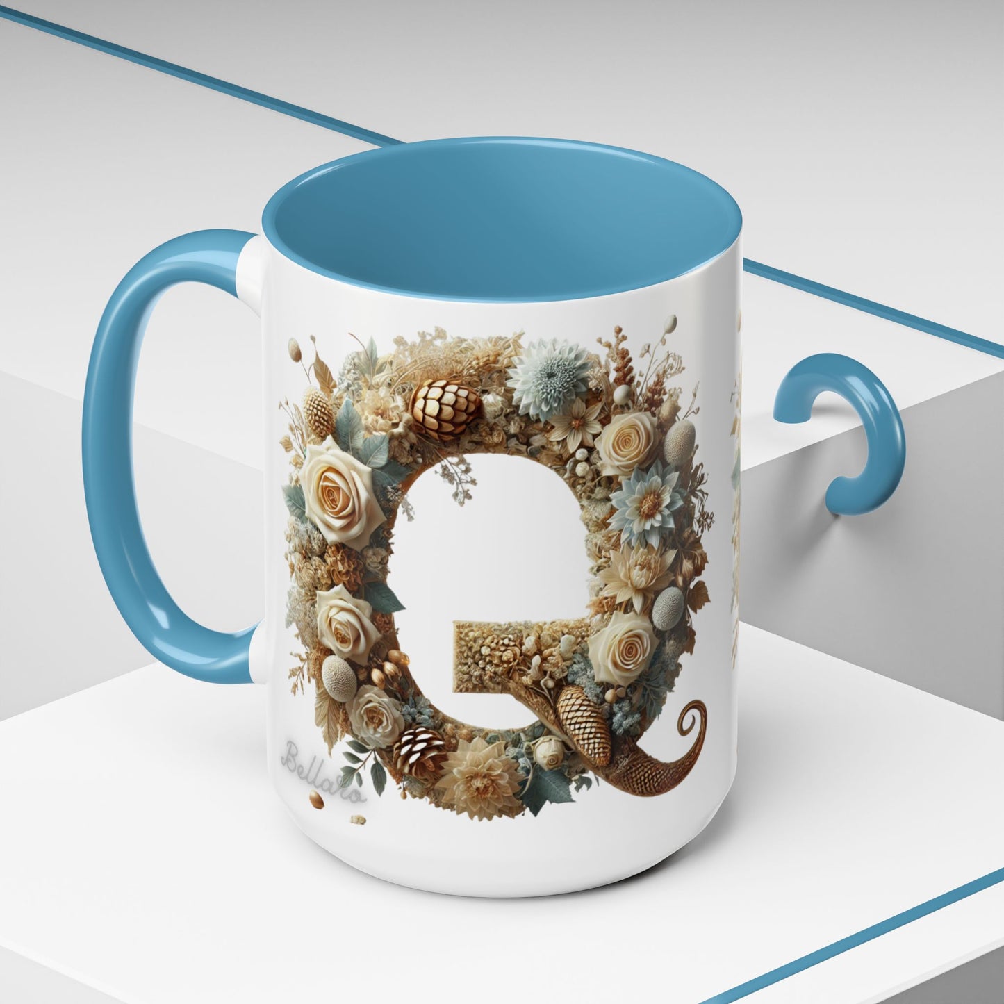 Floral Coffee Mug — Decorative 'Q' Monogram Accent Mug 15oz