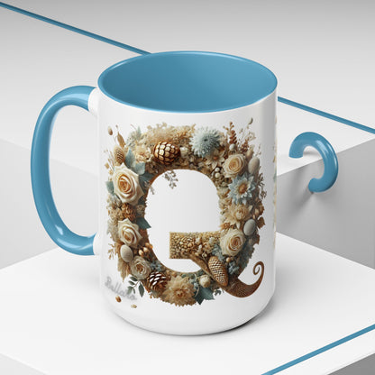 Floral Coffee Mug — Decorative 'Q' Monogram Accent Mug 15oz
