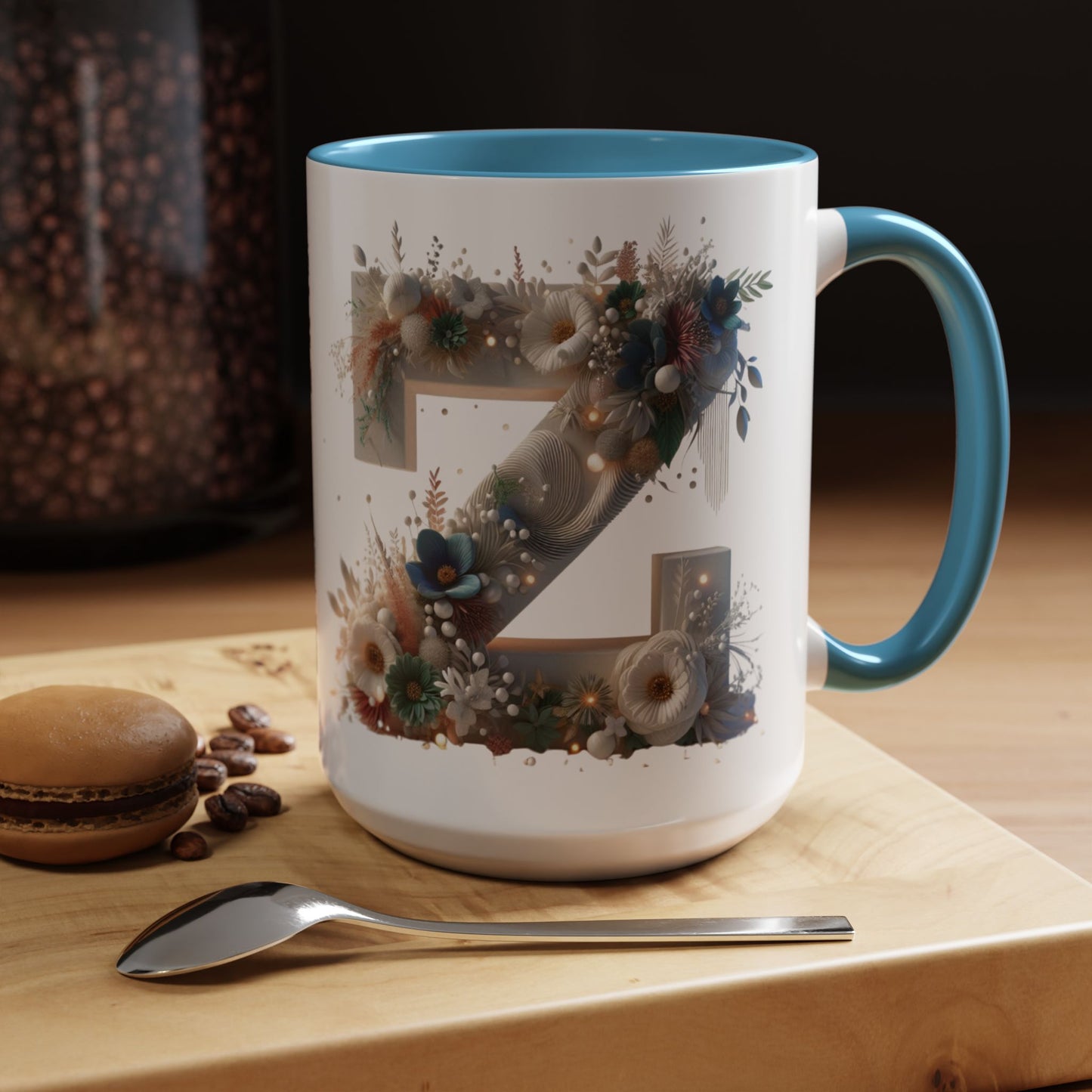Floral Monogram 'Z' Accent Coffee Mug — 15oz Personalized Initial Mug