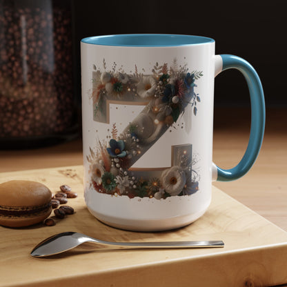Floral Monogram 'Z' Accent Coffee Mug — 15oz Personalized Initial Mug