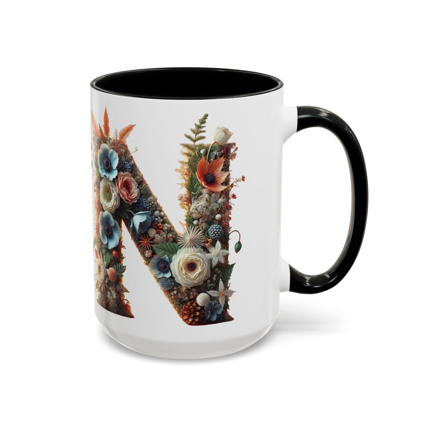 Floral Letter 'N' Accent Coffee Mug — Botanical Monogram Gift 15oz