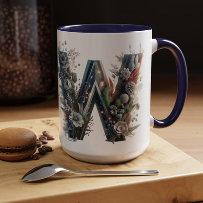 Floral Monogram Letter 'W' Accent Coffee Mug — Decorative Initial Monogram Mug 15oz