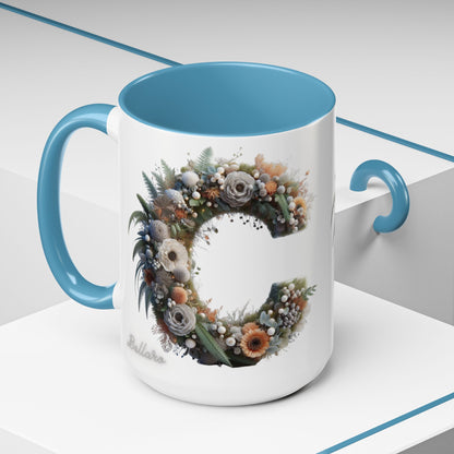 Floral Letter 'C' Accent Coffee Mug — Monogram Initial Ceramic Mug