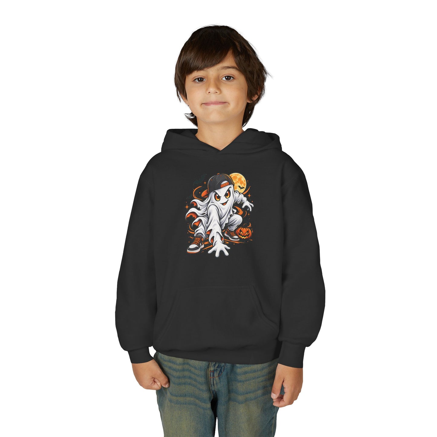 Youth Hoodie — Playful Ghost & Pumpkin Halloween Pullover