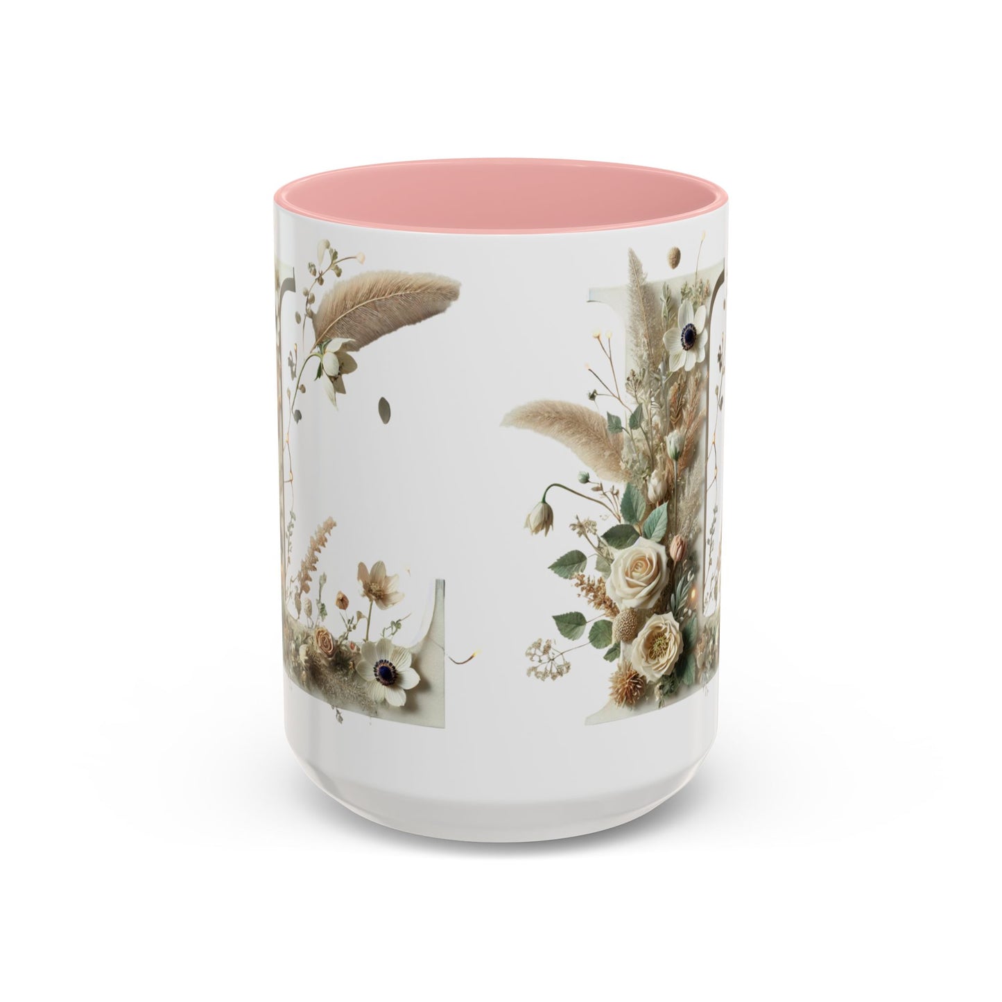 Boho 'L' Accent Coffee Mug — Neutral Dried Flowers Design 15oz