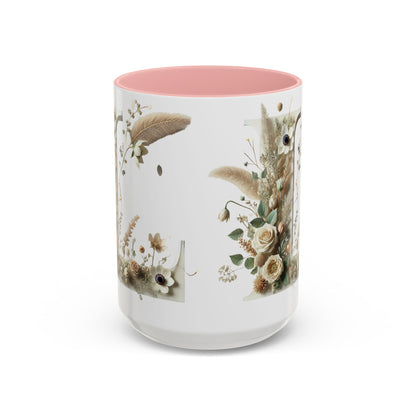 Boho 'L' Accent Coffee Mug — Neutral Dried Flowers Design 15oz