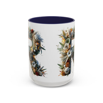 Personalized Monogram 'R' Artistic Floral Accent Coffee Mug 15oz